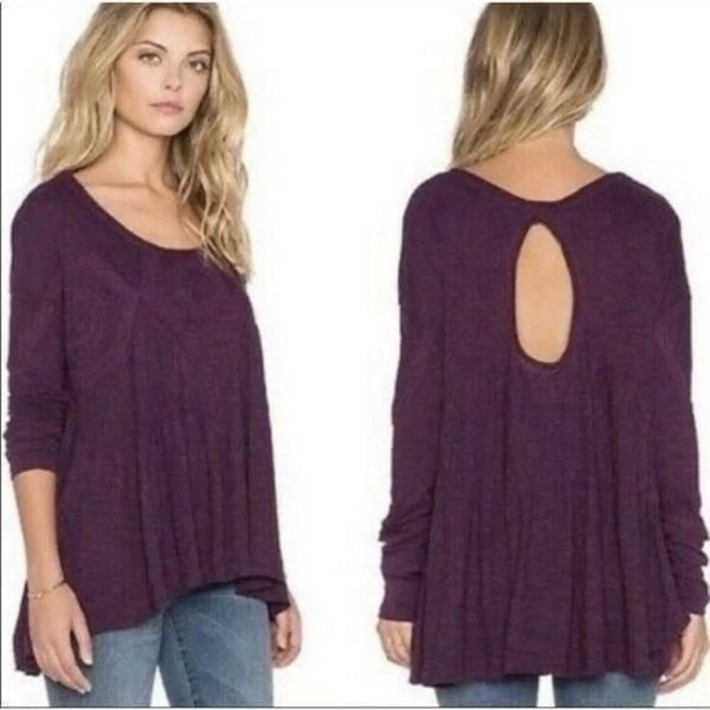 Free People M Plum Wine Flowy Tunic Top Peasant Lace Detail Babydoll Back Keyhol